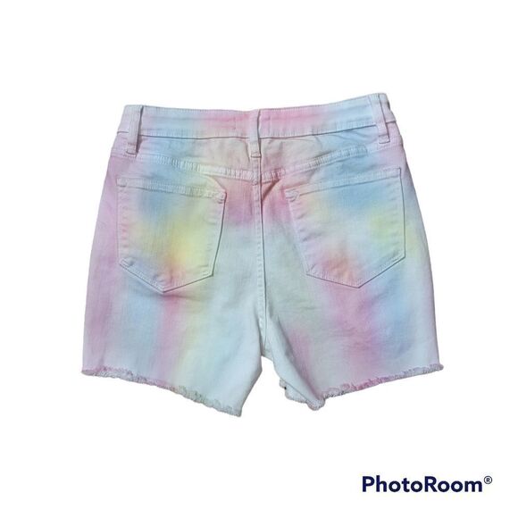 Aqua Tie Dye Button Fly Raw Hem Shorts. Size 27 - Picture 2 of 4